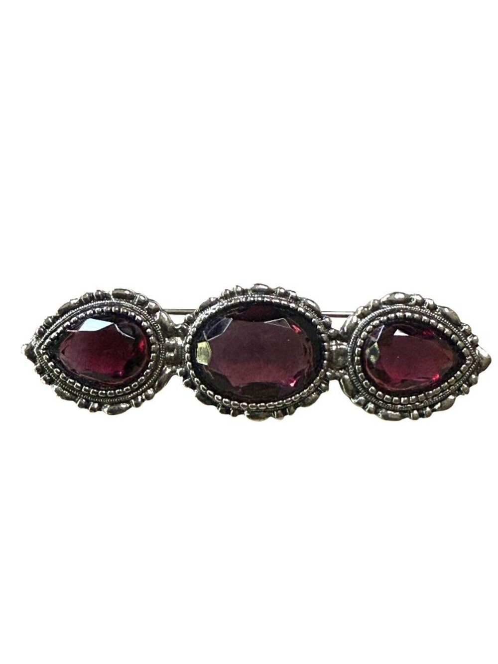 1928 Silver-Tone Brooch Purple Glass Stones Vintage 2.75 Inch Pin